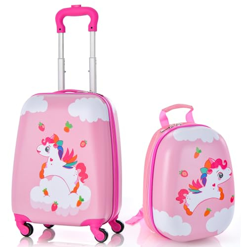 GOPLUS 16” Valise Enfant à roulettes avec 12” Sac à Dos, Motifs Mignons Divers, Espace Suffisant, Surface Etanche, roulettes Silencieuses et Lisses, Hauteur de Poignée Réglable (Licorne)