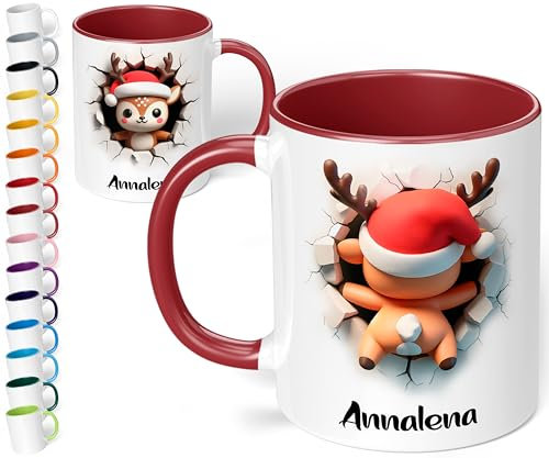 True Statements 3d Weihnachtstasse mit Namen für Kinder personalisiert „Rentier mit roter Mütze“ 330ml Keramik Tasse Mädchen Junge – Geschenk zu Weihnachten (Bordeaux)