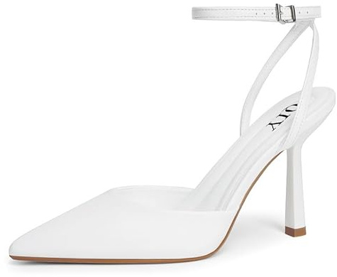 QIY White Slingback Heels for Women Formal Dress Shoes Closed Toe Heel White Pumps Pointed Toe Pointy High Heel Bridal Wedding Shoes Ankle Strap Stiletto Strappy Heels Size 6.5