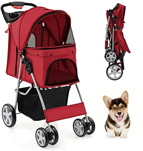 GYMAX Haustierwagen, faltbarer Katzen-/Hundebuggy bis 15 kg belastbar, Hundewagen mit Aufbewahrungskorb, Regenschutzabdeckung & Netzfenster, Reisewagen mit 4 Rädern für kleine Haustiere (Rot)
