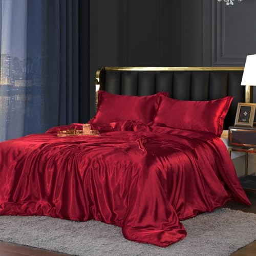 Bettwäsche Satin 135x200 Rot Weinrot Glänzend Seiden Einfarbig Bettwäsche-sets Glatt Luxus Glanzsatin Rote Bettwäsche Bettbezug Set Microfaser Einzelbett mit Reissverschluss und Kissenbezug 80x80 cm