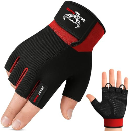 BEAST RAGE Fitness-Handschuhe für Training, rutschfest,gepolsterte Handfläche,Halbfinger-Workout,Gewichtheben-Handschuhe, Radfahren, Crossfit,Krafttraining (Rot, S)