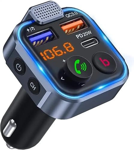 Transmetteur FM Voiture,Adaptateur Bluetooth Voiture,Radio, Lecteur de Musique MP3,Charge Rapide QC3.0, 2 Ports USB et 1 Port Type-C, Appels Mains Libres, Support USB/Carte TF (P5)