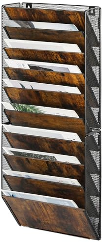 Solinxe Porte Document Mural 10 Étages en Bois - Organisateur Bureau A4 pour Papiers, Revues, Fichiers avec Rangement Intégré, Noir/Antique (Maison, École, Bureau)