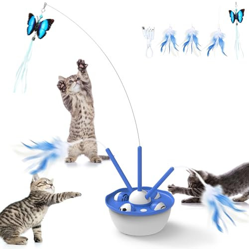 Interactive Cat Toys for Indoor Cats Adult, Electric Rotating Tray Cat Feather Toy, USB Charging, with Teaser Attachments, Suitable for Large, Medium, and Small Cats - Encourages Exercise and Play