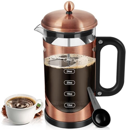 YMMIND Cafetière à piston en cuivre et acier inoxydable de 963,9 g, avec système de filtre à 4 niveaux, verre borosilicate résistant à la chaleur, sans BPA, cafetière infusée pour le camping