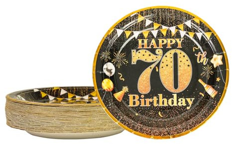 AHPYEUHK Birthday Paper Plates 7 Party Cake Dessert Plates Decorations Disposable Tableware Party Supplies (70th Black)