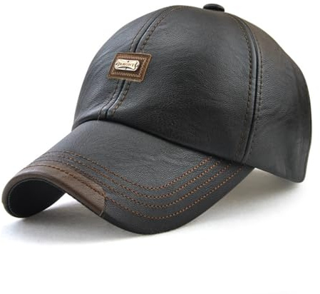 Leder Baseball Cap, Leather Baseballkappe mit 7.5cm Krempe,Verstellbar Snapback Hat, Sonnenmütze Fit 56-60cm Kopfumfang Schildmütze für Bergsteigen Camping Outdoor