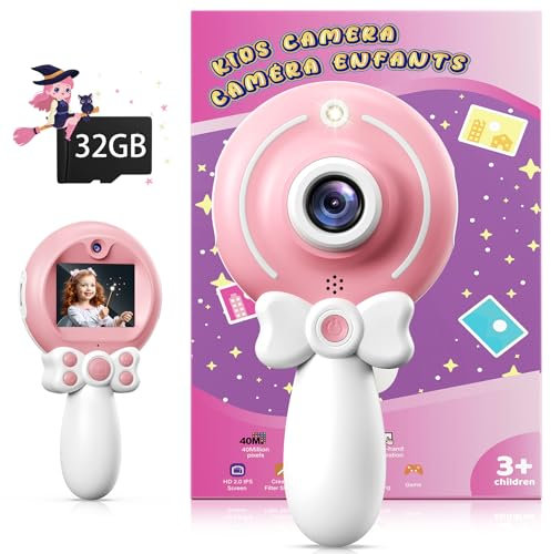 TEKFUN Kinderkamera für Mädchen 3-9 Jahre, Magischer Zauberstab mit Schleife – 1080P HD Selfie-Videokamera mit 32GB SD-Karte Weihnachten & Geburtstag (Rosa)