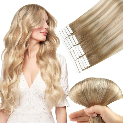 Yuniffe Semi-permanente Tape In Extensions Echthaar, Balayage, Aschbraun, verblassend zu Aschblond, Haarverlängerungen mit unsichtbarem doppelseitigem Klebeband, 50 cm, 50 g, 20 Stück