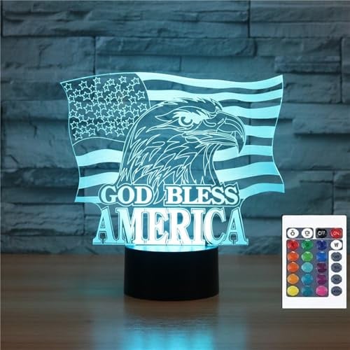 FLRXHK 3D-Illusions-Nachtlicht mit USA-Flagge, Touch-Tischlampe mit Fernbedienung, 16 Farben, optisches USB-LED-Nachtlicht für Kinder, Geschenk, Raumdekoration