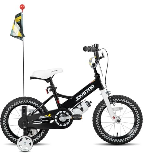 JOYSTAR 14 Zoll Kinderfahrrad für Jungen von 3-5 Jahren, 14 Zoll Jungenfahrrad mit Stabilisatoren & Flagge & Nummernschild, schwarz