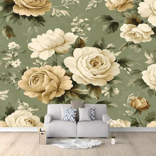 Photo Wallpaper Vintage Floral Pattern Non-Woven Wall Art 300 x 210 cm Wallpaper Murals Living Room Bedroom TV Backdrop Decoration Wall Covering Olive Green