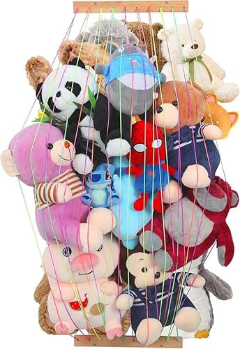 NIUBEST Stuffed Animal Storage for Wall,Hanging Teddy Cuddly Toy Organizers,Soft Plush Toys Hammock Net for Kid‘s Room Nursery Playroom Bedroom With Adjustable Length,Large,Upgraded(Natural Wood)