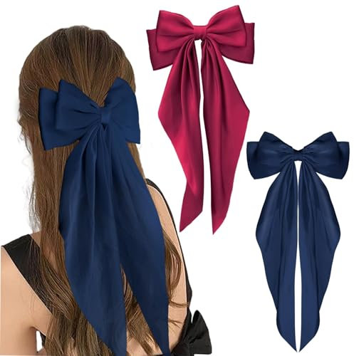 NiceYnn Lot de 2 Pinces à Cheveux Grand Noeud Papillon avec Ruban Epingles Barrette de Cheveux en Satin pour Femme Fille Anniversaire Coiffure Décor Queue de Cheval #A Rouge/Bleu Marine