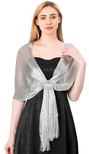 Piriuuo 8 Stück Stola Damen, Stola für Abendkleid Damen Funkelnde Tücher Wickel mit Schalschnalle Glitzer Schal Silber Damen Elegante Schal Stola mit Fransen für Abendparty kleider Brautkleider
