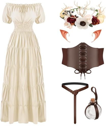 Renaissance Costume Set for Women, Medieval Fairy Dress, Victorian Beige Short Sleeve Dress with Corset Elf Ears Garland Potion Bottle for Wedding, Masquerade Party, Cosplay, L