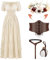 Renaissance Costume Set for Women, Medieval Fairy Dress, Victorian Beige Short Sleeve Dress with Corset Elf Ears Garland Potion Bottle for Wedding, Masquerade Party, Cosplay, L