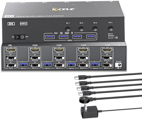 KVM Switch 3 Monitors 4 Computers HDMI + DisplayPort, KCEVE USB 3.0 DP KVM Switcher, 8K@30Hz/4k@144Hz DP KVM for 4 PC Share 3 Display and 4 USB 3.0 Devices