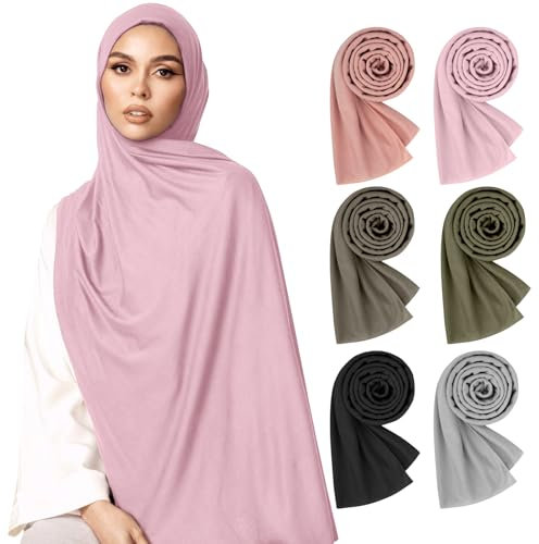 HQEUZ 6 Stück Hijab Kopftücher für Damen, Langer Schal, Leichte Muslimische Kopfbedeckung Jersey Stoff, Weiches Hijab Tuch, Modernes Kopftuch Set für Frauen (6 Farben-B)