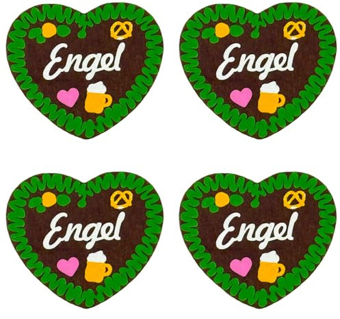 4er-Set Filzherz Anstecker Engel im Lebkuchenherz-Design (7 x 6,5 cm) - Oktoberfest Volksfest Wiesn Accessories Fasching Geburtstag Hochzeit Junggesellinnenabschied Bayerische Party (Engel - grün)