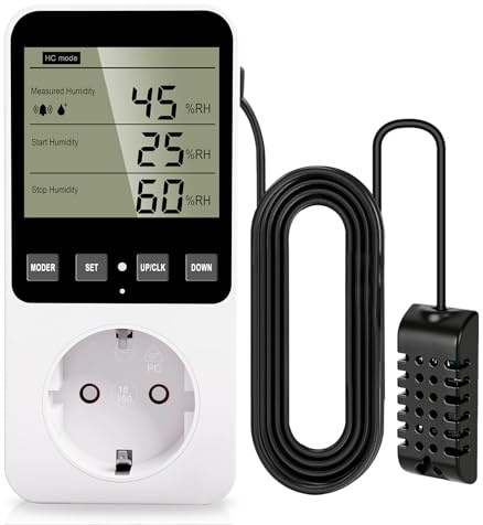 Temperaturregler Steckdose 230V mit Fühler Digitaler Hygrostat Feuchteregler, Luftfeuchtigkeitsregler mit Alarm für Luftbefeuchter Luftentfeuchter Terrarium