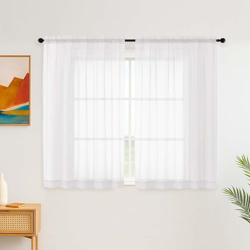 Simplebrand White Short Sheer Curtains, Net curtains for Windows 122 cm Drop, 2 Panels Set - Light Filtering, Elegant Rod Pocket Window Curtains for Bedroom, Living Room (White, 150cm W x 122cm L)
