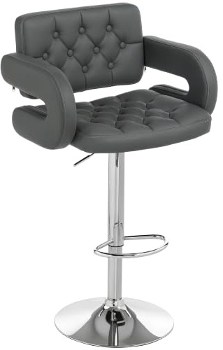 HOMCOM Swivel Bar Stool with Wide Seat, Arm, Adjustable Height Grey | PU Leather Upholstered, Comfy Seating, Breakfast Bar Chair, Barstool, Footrest, Backrest, Bistro, Kitchen