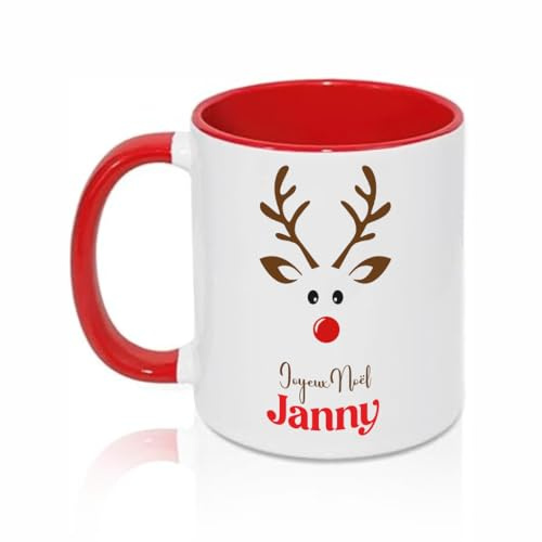 Mug Personnalisé Noël avec Prénom et Texte – Design Renne Festif – Cadeau Original – Qualité AAA Sublimation Haute Définition – Couleurs Vives – 5 Coloris – Expédié sous 24h