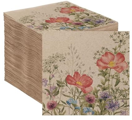 100 Servietten aus Recycling-Papier, Blumen, geblümte weiche, Wiesenmotiv, umweltfreundlich, Einweg-Partyservietten, Geburtstag, Hochzeit, Catering und Alltag, hergestellt in der EU, 2-lagig, 33x33 cm