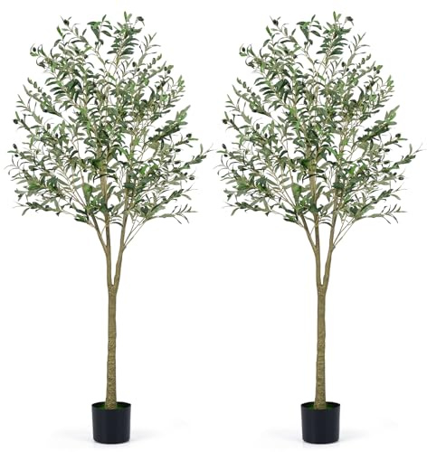 COSTWAY 1/2er Set Künstliche Olivenbaum, Kunstpflanze 180 cm, Zimmerpflanze mit Zementtopf & natürlichen Blättern & 64 Früchten, Kunstbaum für Garten Büro Zuhause, 2 Pack 180 cm, Neu