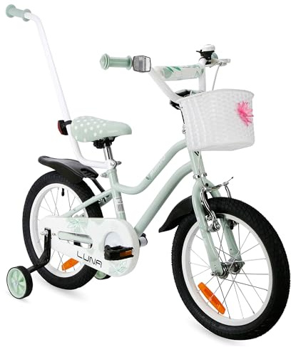 MIRAVO Kinderfahrrad Fahrrad Kinder Ab 3 Bis 6 Jahre Mit Stützrädern Schubstange V-Brake Bremsen Rückstrahl Aufkleber 16 Zoll Radgröße Korb Für Mädchen Luna