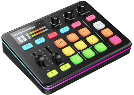 PUSOKEI Gaming Audio Mixer, RGB Live Sound Card Board with XLR Microphone Interface, Bluetooth, 48V Power, Voice Changer for Live Streaming, Podcasting