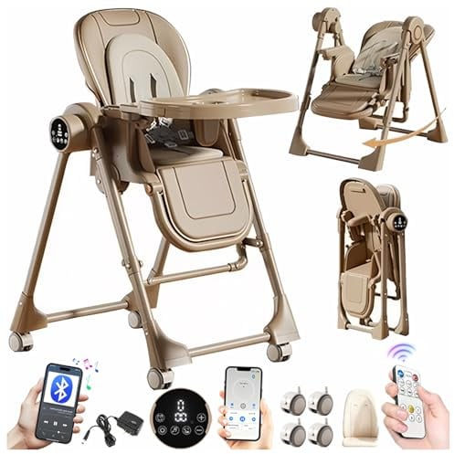 Magic ZC Elektrische Bluetooth Intelligent PU-Leder Baby-Hochstuhl Faltbar Umwandelbar Kleinkind-Esszimmerstuhl mit Verstellbaren Höhen und positionen mit Abnehmbaren Doppeltabletts (E8121 Khaki)