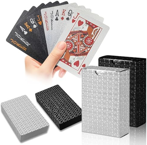 dabinzhijia 2 Stück Wasserfest Spielkarten, Hochwertige Diamant Spielkarten in Silver and Schwarz, 2 Kartendecks mit 54 Blatt, Langlebig für Poker, Blackjack und Reisent