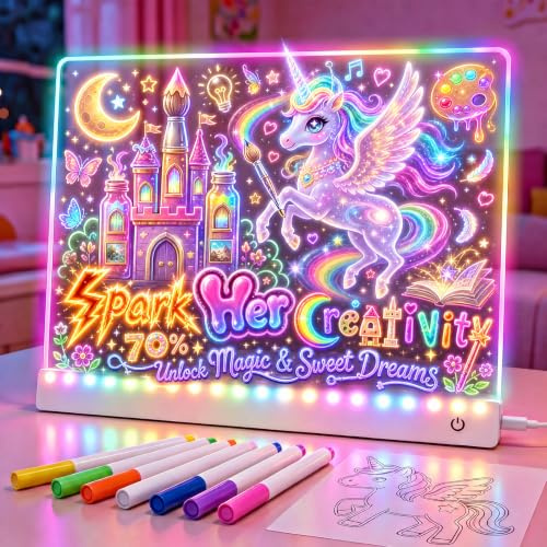 EUCOCO LED Zeichenbrett für Kinder, Geschenk Mädchen Junge 2 3 4 5 6 7 8 9 10 Jahre Kinder Spielzeug ab 2-14 Jahre Mädchen Junge Geburtstagsgeschenk, 12 Lichtmodi LED Maltafel, 7 Stifte & Vorlagenbuch