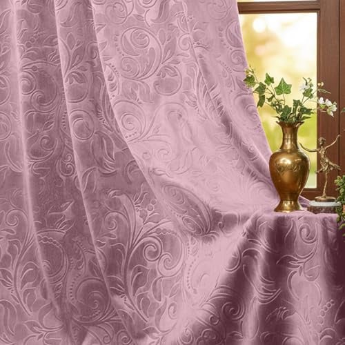 IRONDELIC Samtvorhang Kräuselband Blumen Muster 2er Set, Luxus Verdunkelung Samt 3-in-1 Aufhängung Thermovorhang Kälteschutz für Wohnzimmer & Schlafzimmer, 260gsm Velvet Gardinen(H274xB132CM, Rosa)