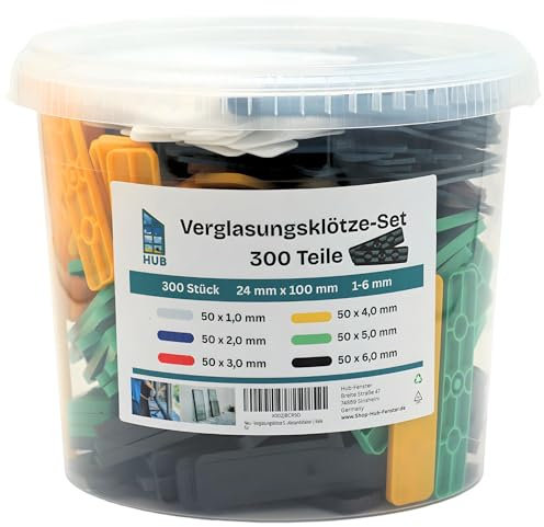 Verglasungsklötze Set 300 Stück | 24 mm Unterlagsklötze 1 bis 6 mm im Eimer | Tragklötze & Unterlegplättchen Kunststoff – Hinterlüftet & geriffelt | Fenster Montageklötze | Abstandshalter | Keile für