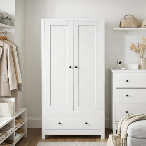 Homelora Wooden 2 Door Wardrobe with Large Drawer and Hanging Rail, Freestanding Compact Wardrobe Armoire Closet Storage Cabinet for Small Bedrooms Dressing Room, Children’s rooms,150x79x52CM