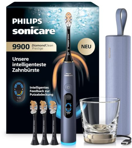 Philips Sonicare Next-Generation DiamondClean 9900 Prestige elektrische Zahnbürste - intelligentes Feedback zur Putzabdeckung, intelligente Andruckkontrolle und 24 Einstellungen, Sturmblau, HX9815/98