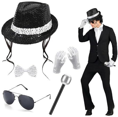 OZXVXZO MJ Kostüm Zubehör für Erwachsene, Cosplay Kostümzubehör Jazz Paillettenhut Hut Fake Mikrofon Sonnenbrille, Disco Kostüm 80s Popstar Rockstar Karneval Halloween Cosplay Zubehör-B