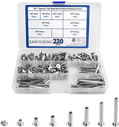 BGTXINGI 220PCS(110 Set) M5 7 Species Stainless Flat Head Rivet Hollow Binding Screws T-Shape Round Docking Rivet Assortment Kit for Scrapbook Album Binding and Leather Repair