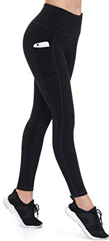 ALONG FIT Leggings Damen mit Taschen, Nicht durchsichtig Sporthose Damen Dehnbar Yogahosen für Damen, Schwarz, L