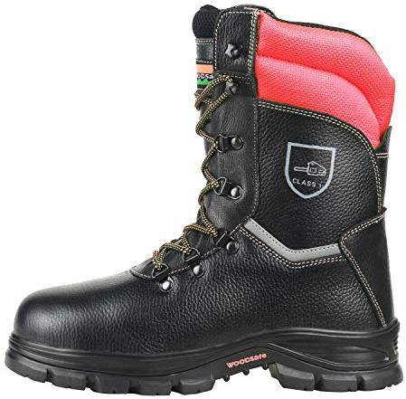 WOODSafe®, Herren, Schnittschutzstiefel, Klasse 1, S3, Farbe schwarz/rot, Forststiefel, KWF-geprüft, Stahlkappe, durchtrittsicher, Leder, wasserabweisend, Größe 45 EU