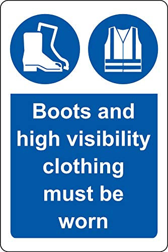 Boots and high visibility clothing must be worn Construction safety sign - 1.2mm Rigid plastic 200mm x 150mm