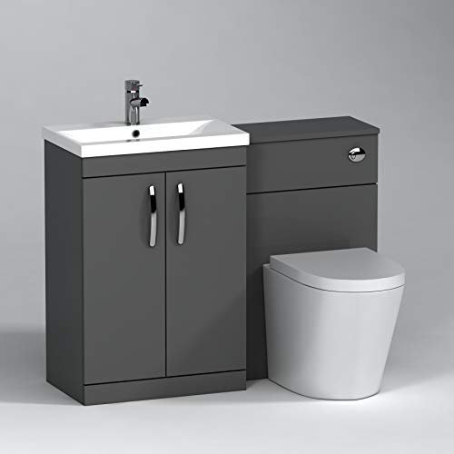 1000mm Modern Indigo Grey Gloss Bathroom 2 Doors Mid-Edge Vanity Unit Basin Sink & Cesar Rimless Pan + Toilet Furniture Set