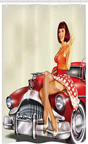 ABAKUHAUS Pin up Schmaler Duschvorhang, Klassisches Retro-Auto Art, Badezimmer Deko Set aus Stoff mit Haken, 120 x 180 cm, Mehrfarbig