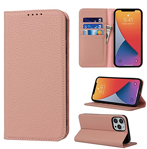 Copmob Cover Compatibile con iPhone 13 PRO Max con Cordino,Flip Vera Pelle Portafoglio Custodia in Pelle,[4 Porta Carte][Magnetico],Custodia Libro Cover Compatibile con iPhone 13 PRO Max - Rosa