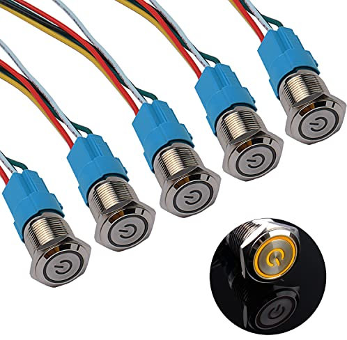 JIQI 5× 16mm Latching Druckschalter Metall 12V bis 24V 3A einrastend EIN/AUS Schalter mit gelbem LED Symbol IP66 1NO1NC Selbstsichernde wasserdichte vorverdrahte Druckknopf Taster für Boot LKW RV Auto