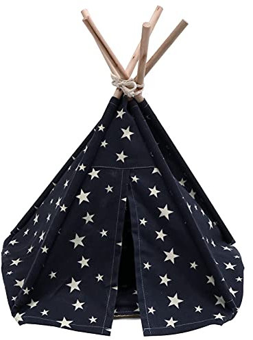 M I A Pet Tipi Haus Faltbares Haustierzelt Holz Katzenbett mit Kissen Kätzchen Katze Indoor Outdoor Tragbares Zelt Spielzeug Welpe Hund Spielzelt Hausbett ? Schwarz (Farbe: Marineblau)